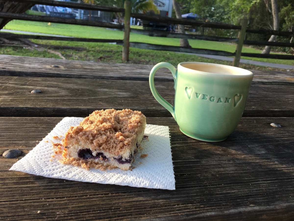 slice of vegan gluten-free coffee cake on a picnic table with a mug of coffee