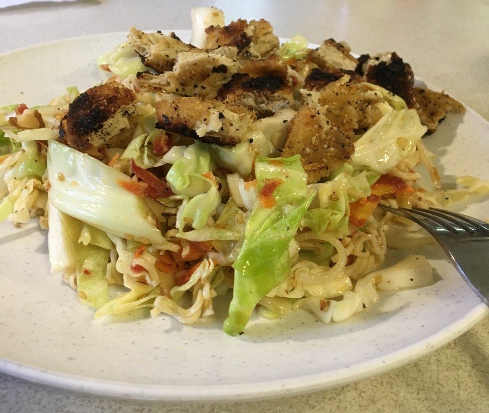cabbage crunch salad with vegan chicken chopped up