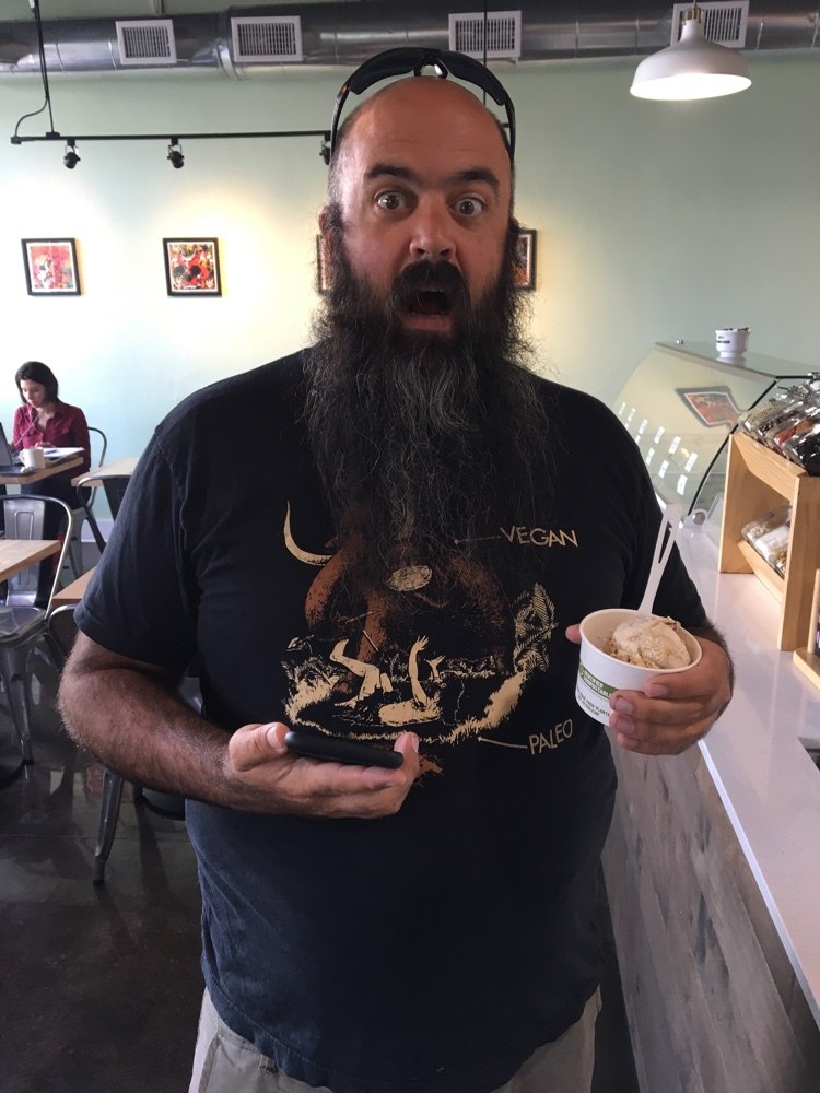 kevin with his vegan ice cream.