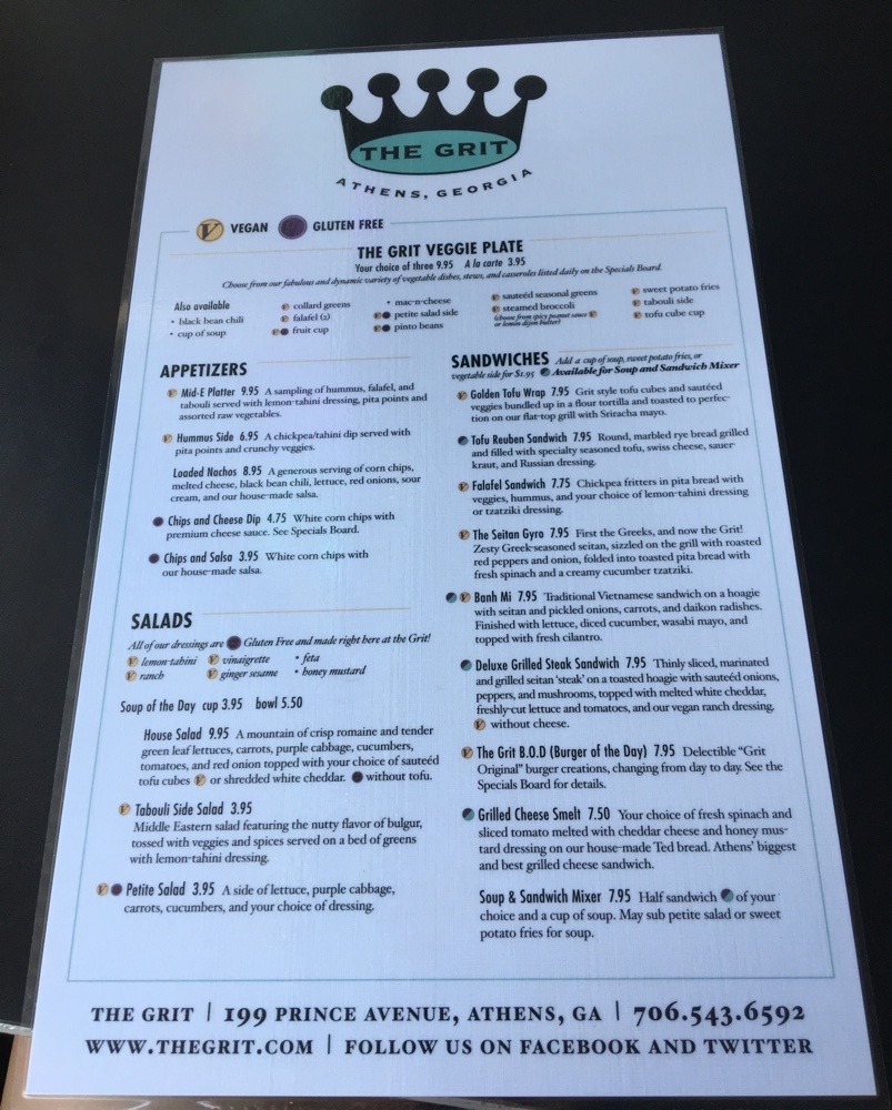 Menu at The Grit in Athens, Georgia, side 1.