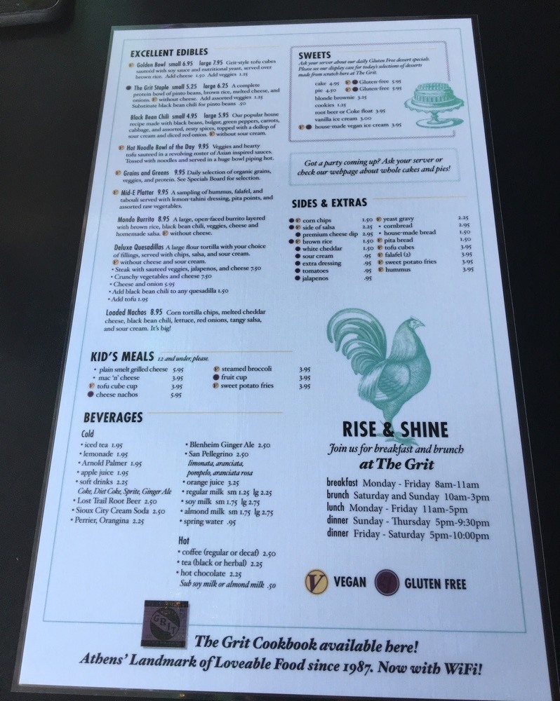 Menu at The Grit in Athens, Georgia, side 2.