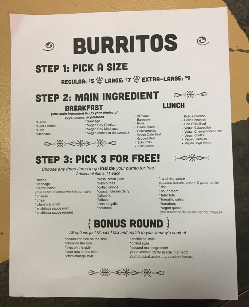 tanias 33 burrito menu.