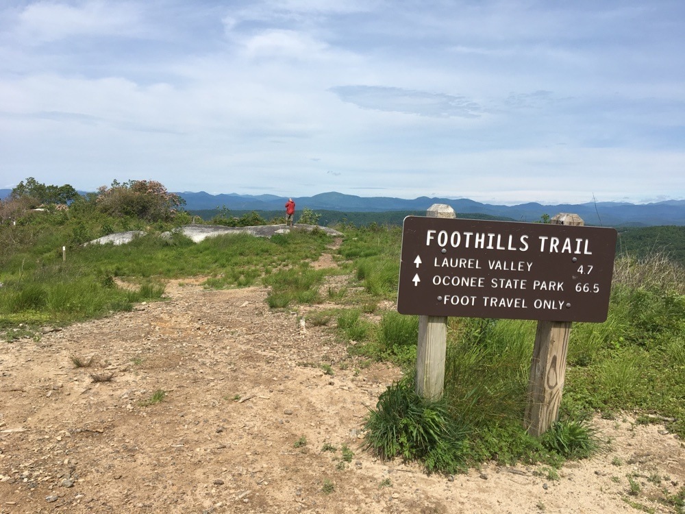 Trail sign at Sassafrass Mountain summit in South Carolina.