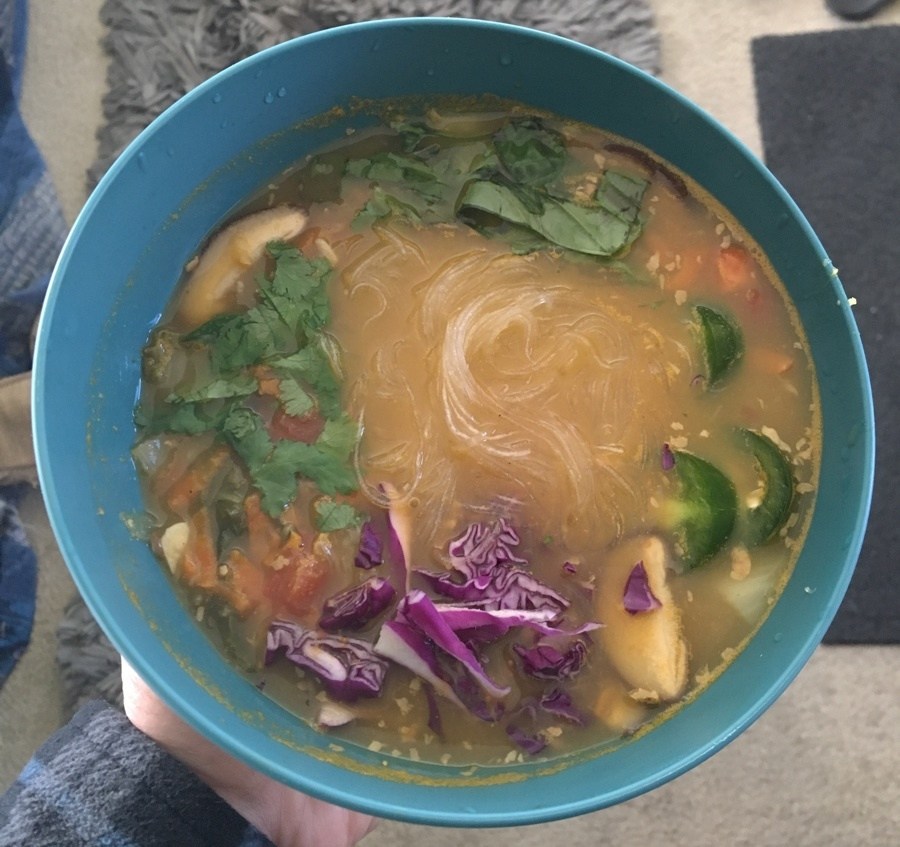 Spicy asian vegetable soup with mung bean noodles.