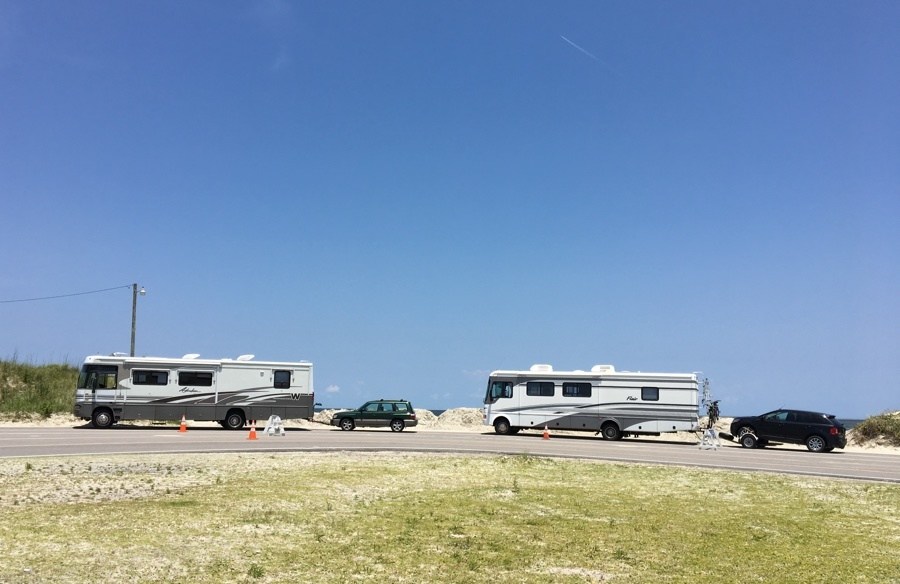 2 class A motorhomes waiting for the Ocracoke ferry.