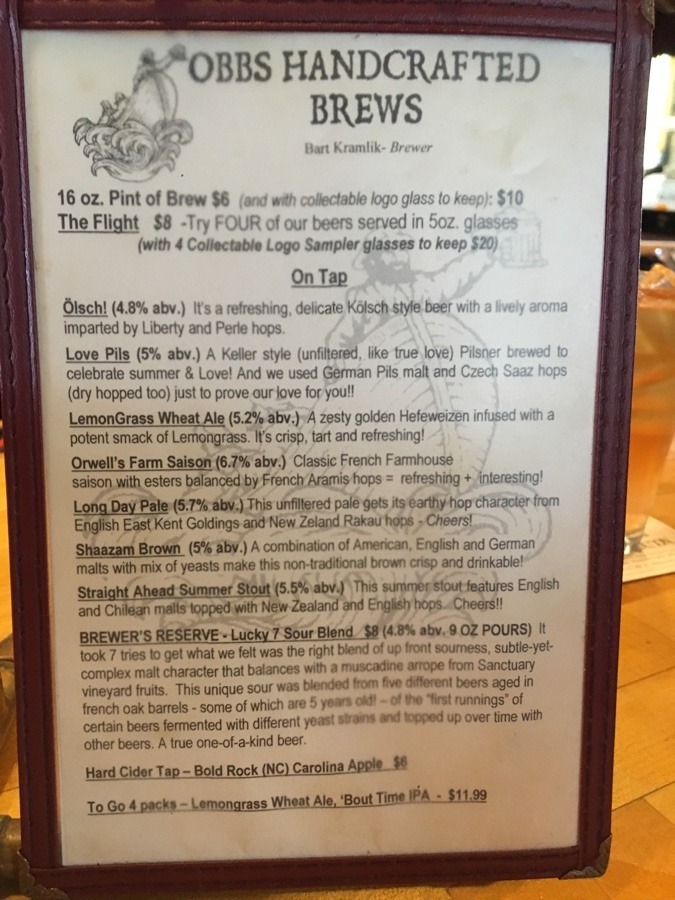 beer menu at outer banks brewing station.