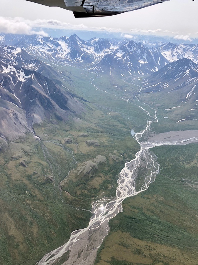 view of a river from plane above denali national park.