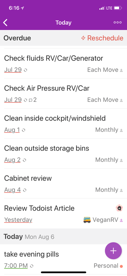 screenshot of todoist on ios for our rv todo list.