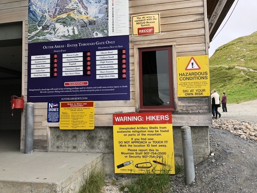 warning signs at alyeska resort.