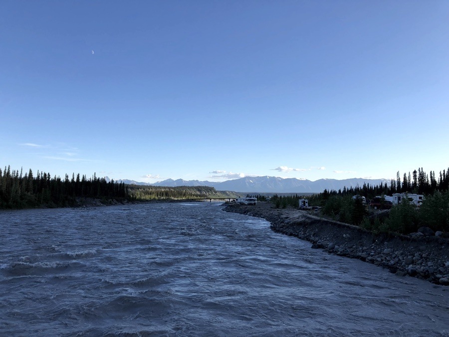 view of our campsite from the foot bridge base camp campground mccarthy alaska.
