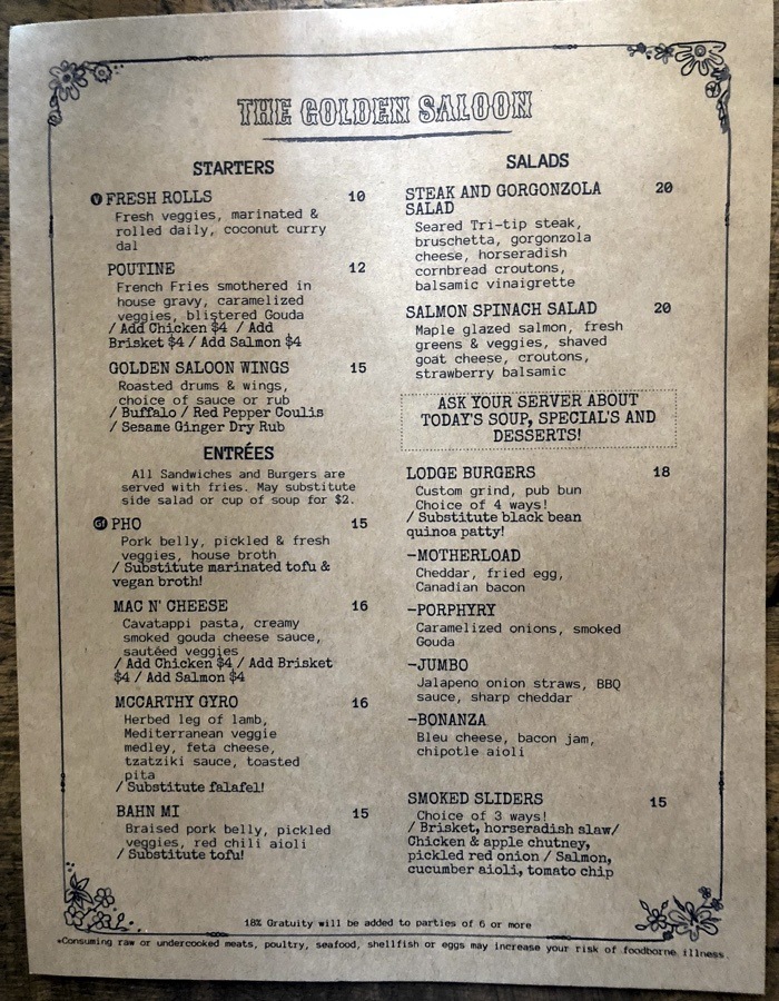 menu for the golden saloon mccarthy alaska.