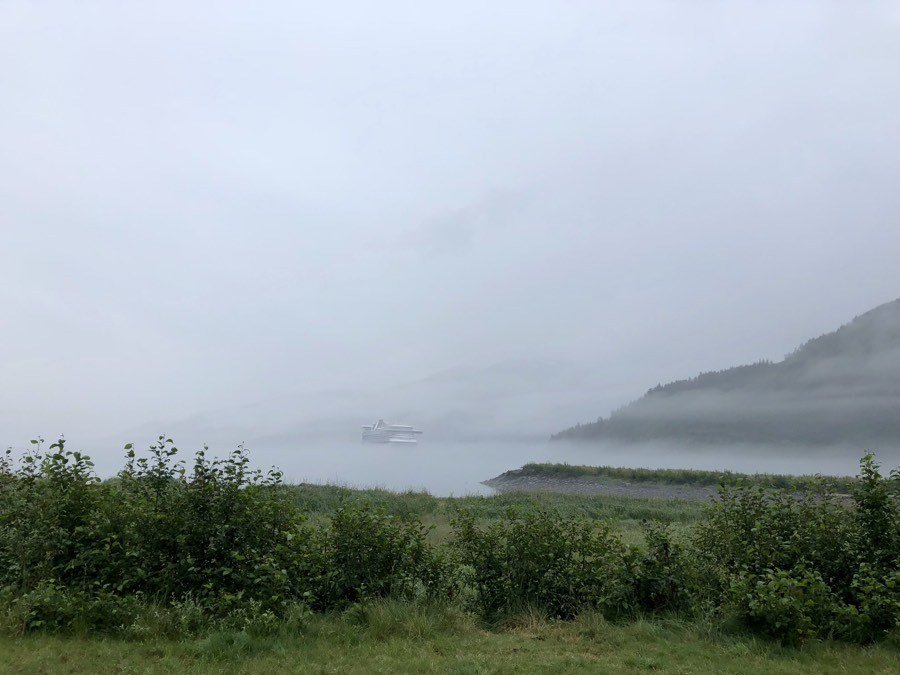 princess cruise ship in whittier becoming engulfed in fog.