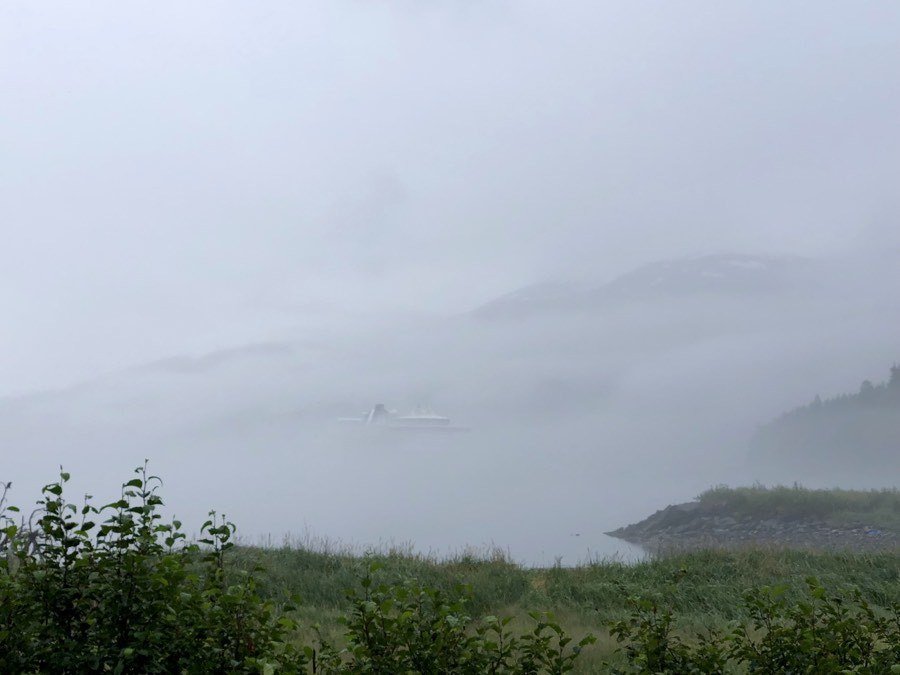 princess cruise ship in whittier engulfed in fog.