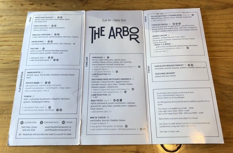 menu at the arbor in vancouver bc.