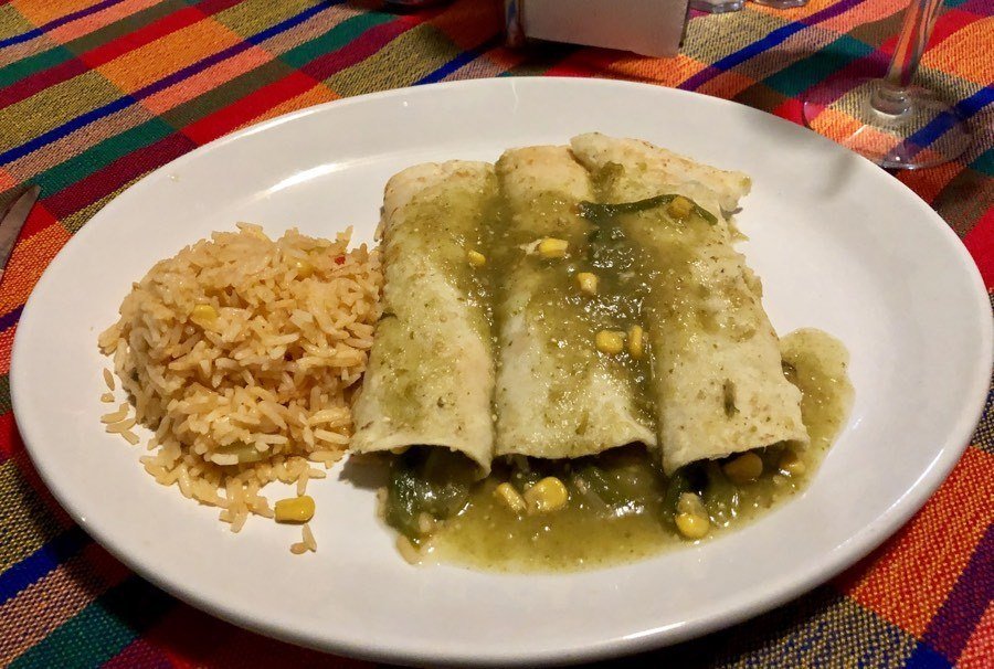 vegan enchiladas in green sauce at cafe maria in los barriles, bcs, mexico.