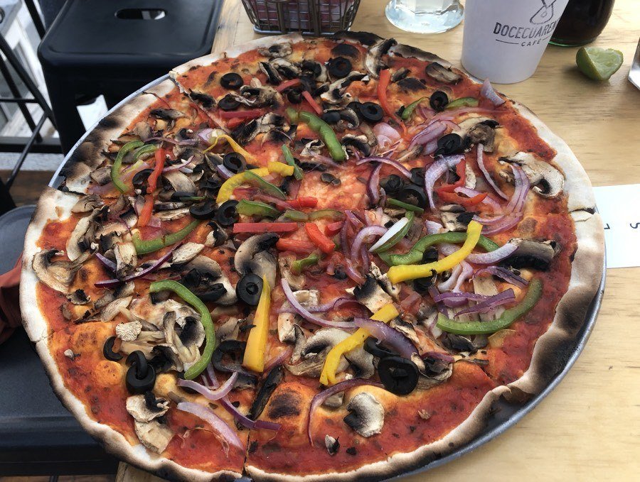 vegan pizza from harker board co. in la paz, bcs, mexico.