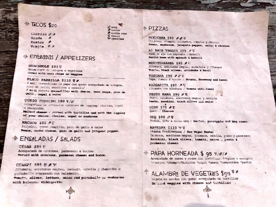 menu at la rana vegana in cabo san lucas, bcs, mexico.