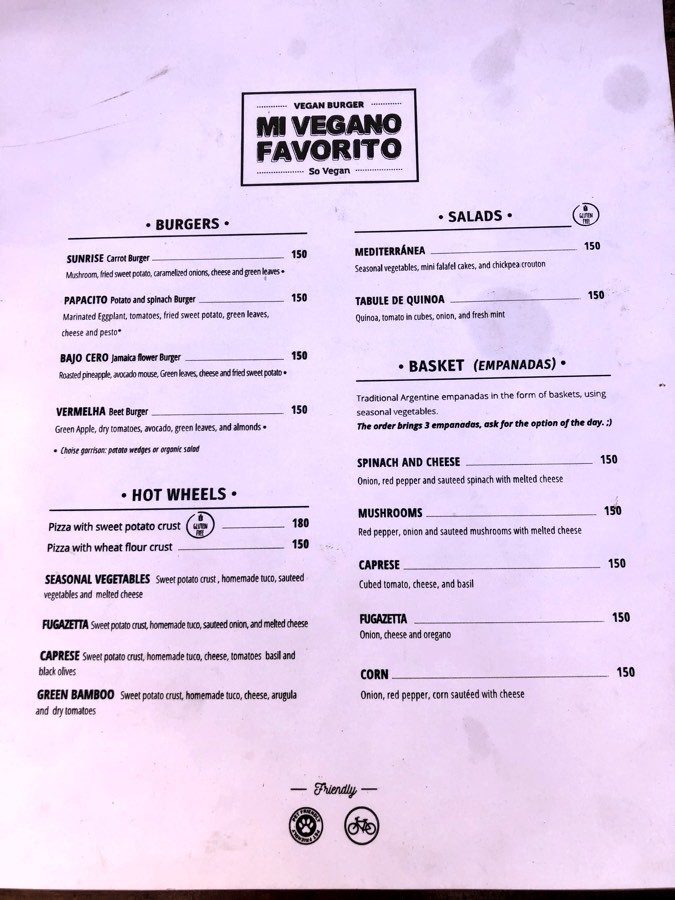 menu at mi vegano favorito in san jose del cabo, bcs, mexico.