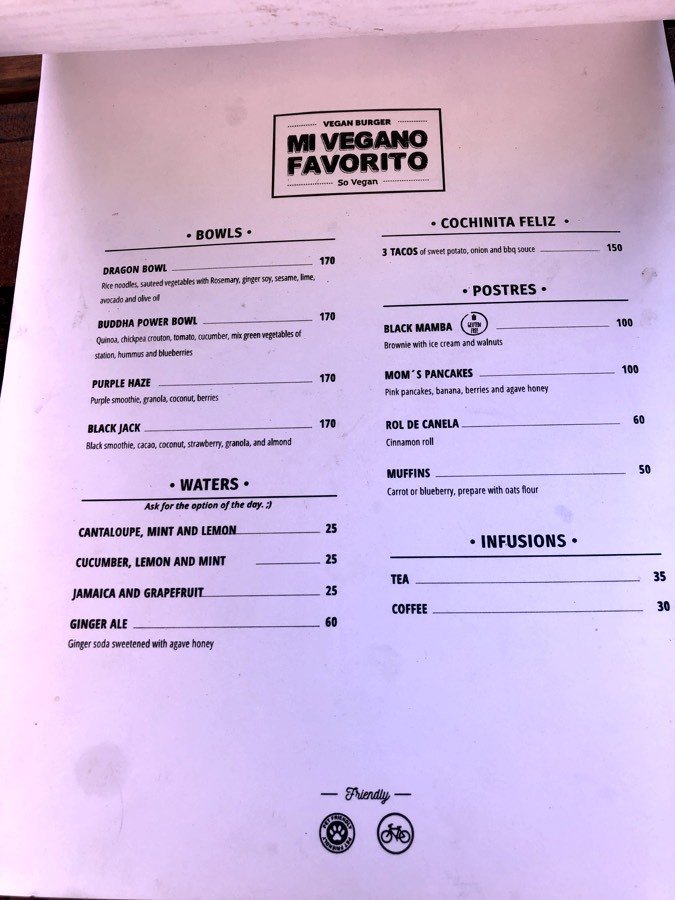 menu at mi vegano favorito in san jose del cabo, bcs, mexico.