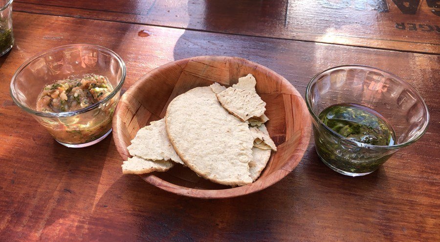 flat bread and sauces at at mi vegano favorito in san jose del cabo, bcs, mexico.