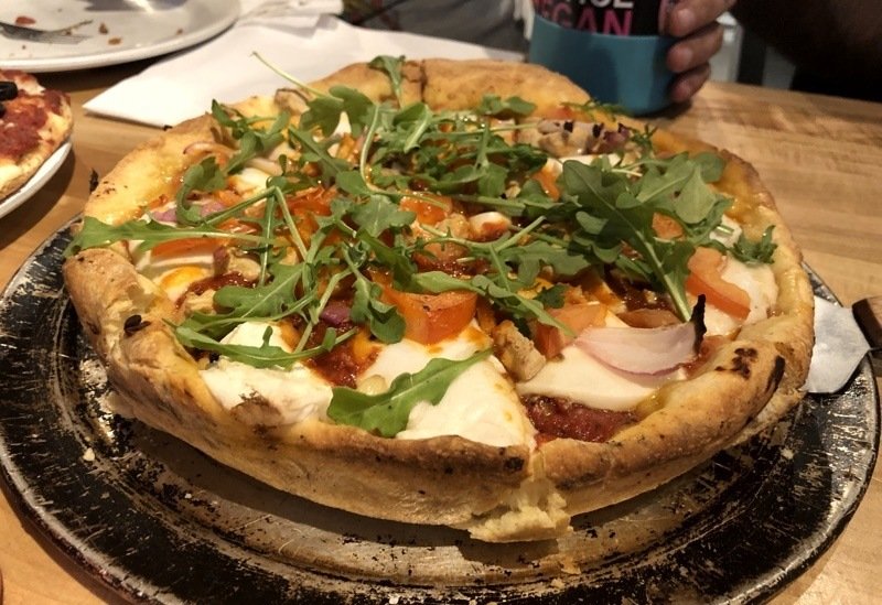 vegan deep dish pizza at pizza pattio in flagstaff, arizona.