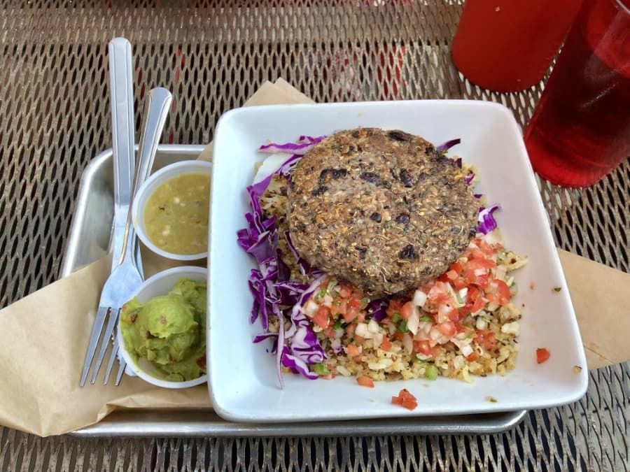 vegan southwest bowl at grassburger in durango, colorado.