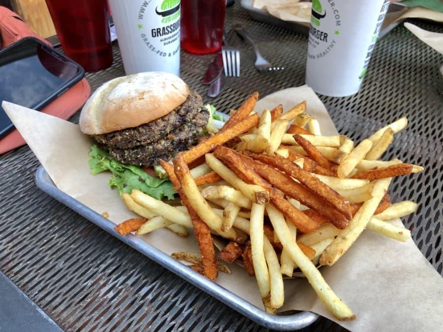 double vegan burger at grassburger in durango, colorado.