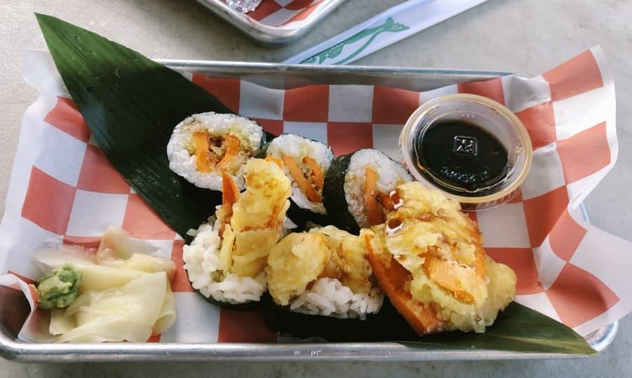manny_fresh_co_2 vegan tempura sweet potato roll at manny fresh co in durango, colorado.