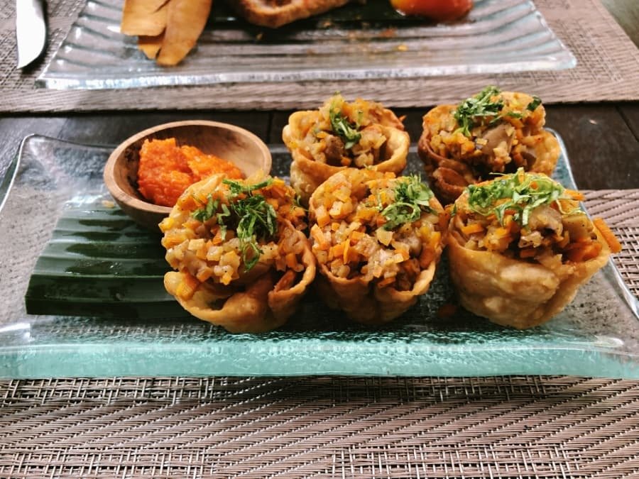 salsa and rendang cups at the onion in ubud, bali, indonesia.
