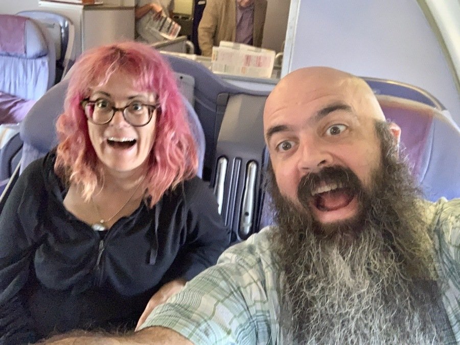laura and kevin on an airplane.