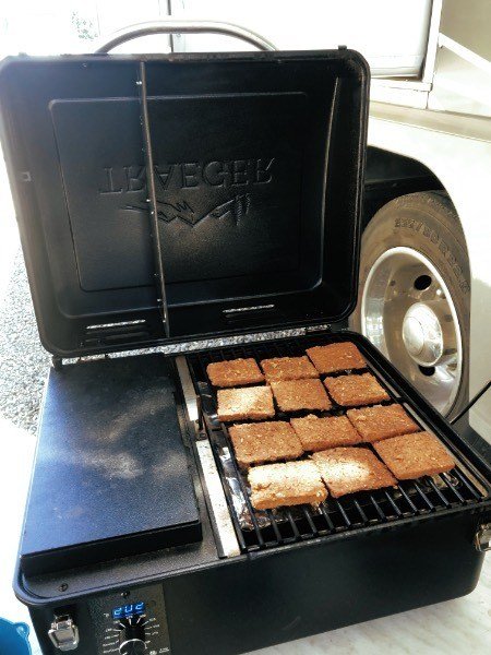 smoky tempeh on a traeger pellet grill.