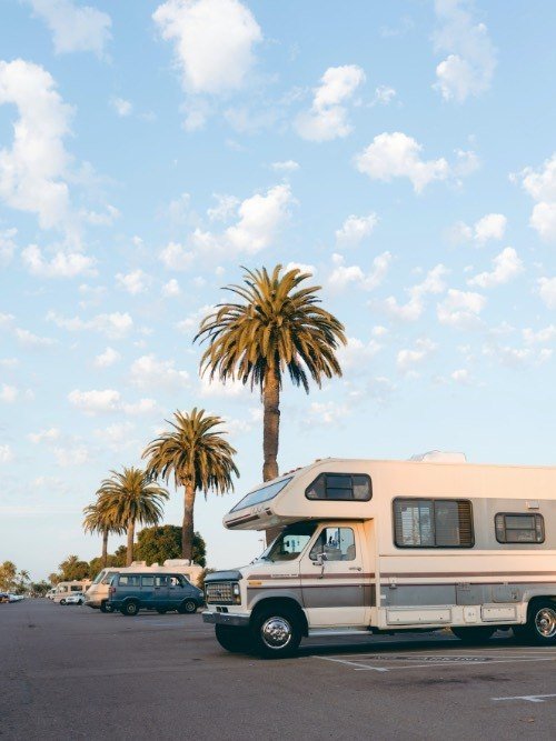 class c motorhome with palm trees.