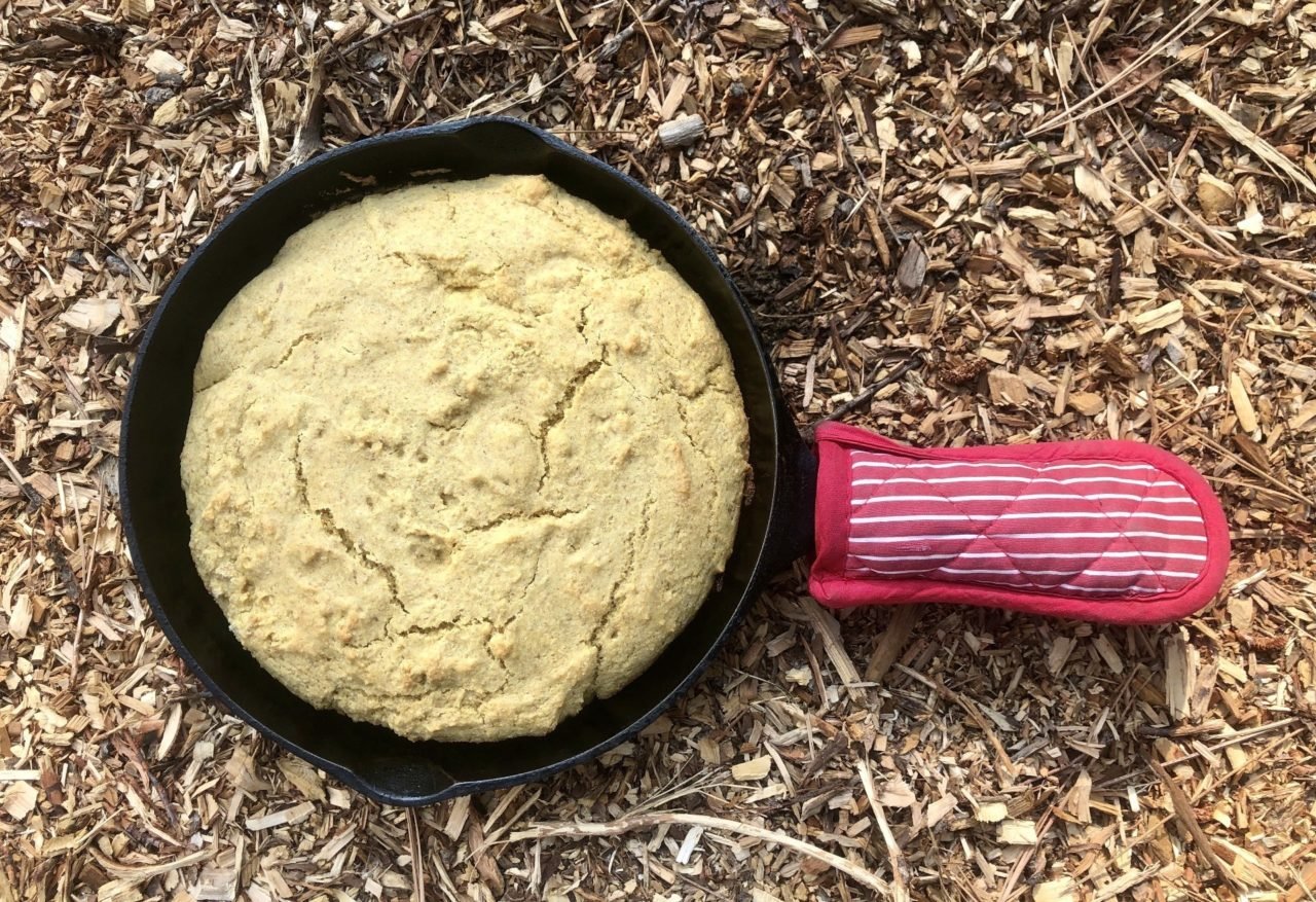 vegan skillet cornbread in cast-iron pan.