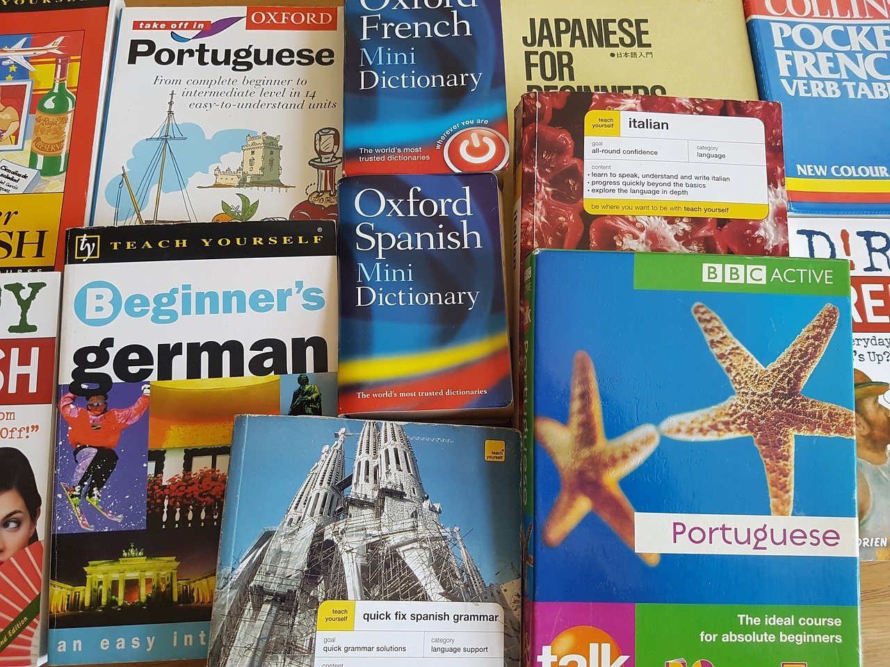 an assortment of books on learning languages.