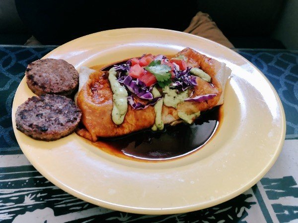 vegan breakfast burrito at morning glory cafe in flagstaff, arizona.