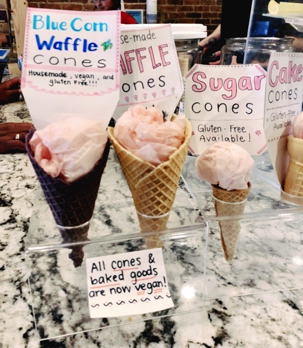 display of cone options at cream bean berry ice cream shop in durango. colorado.